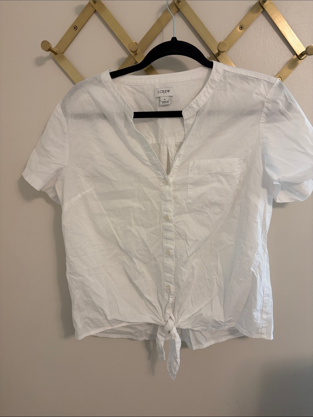 J. Crew White Short Sleeve Button-Up Tie-Hem Blouse size medium